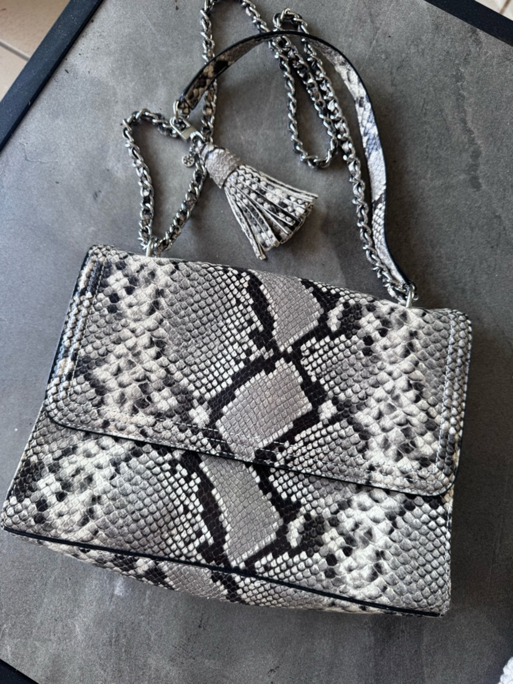 Tory Burch Gray and Black Snake-Print Crossbody with Tassel